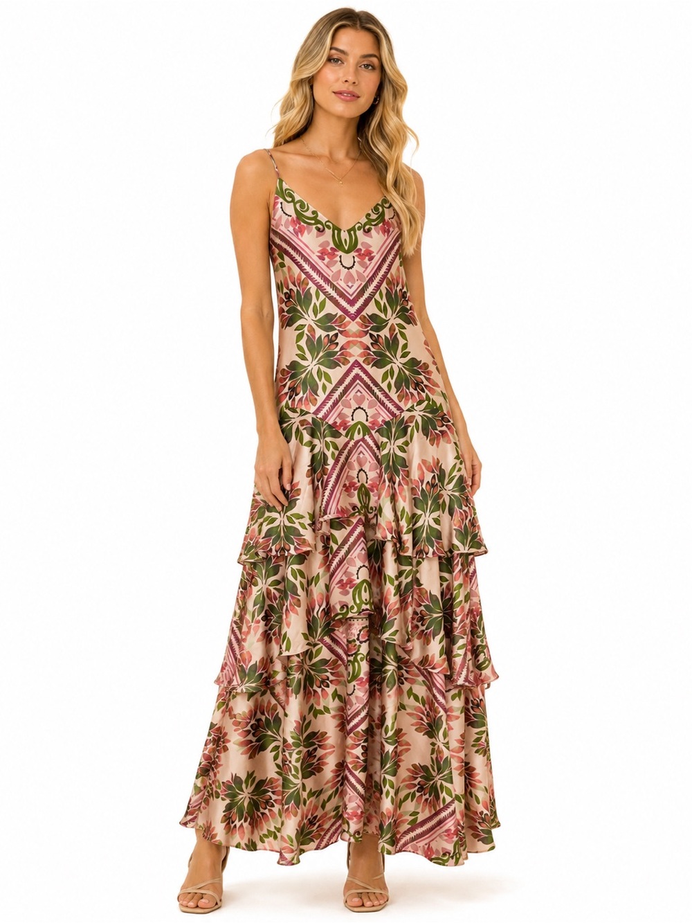 NWT Parker Size‎ 8 Floral Ruffle Tiered Maxi Dress with Green and Pink Print